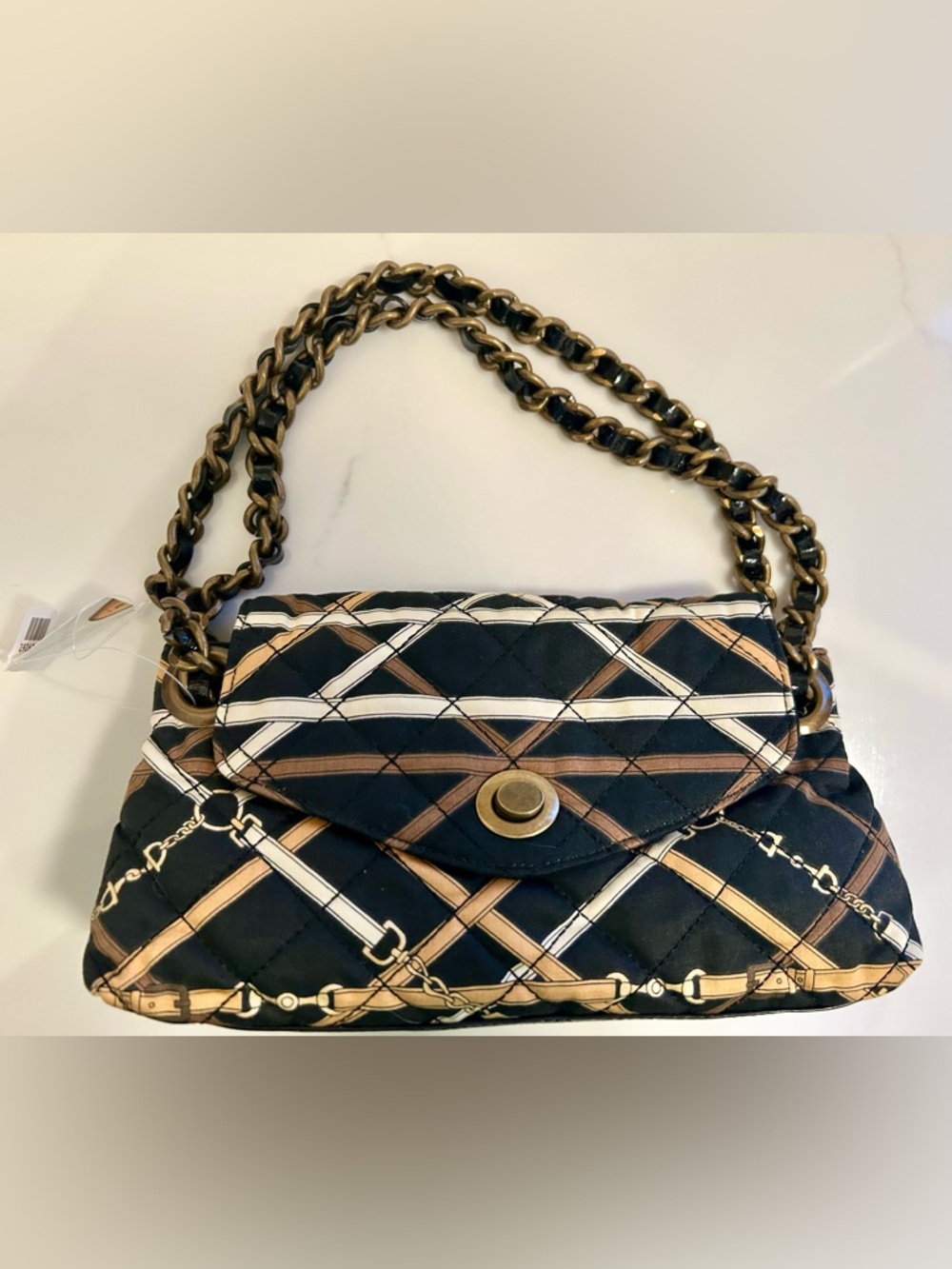 Vintage Talbots Quilted Black and Brown Chain-Handle Shoulder Bag NWT